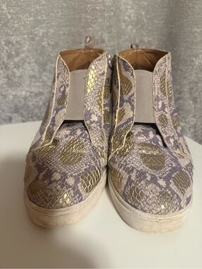 Paolo Metallic Gold and Lavender Snake-Print Ankle Booties